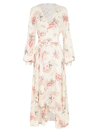 Womens boho blush pink floral long sleeve wrap maxi dress ghost mannequin  front image