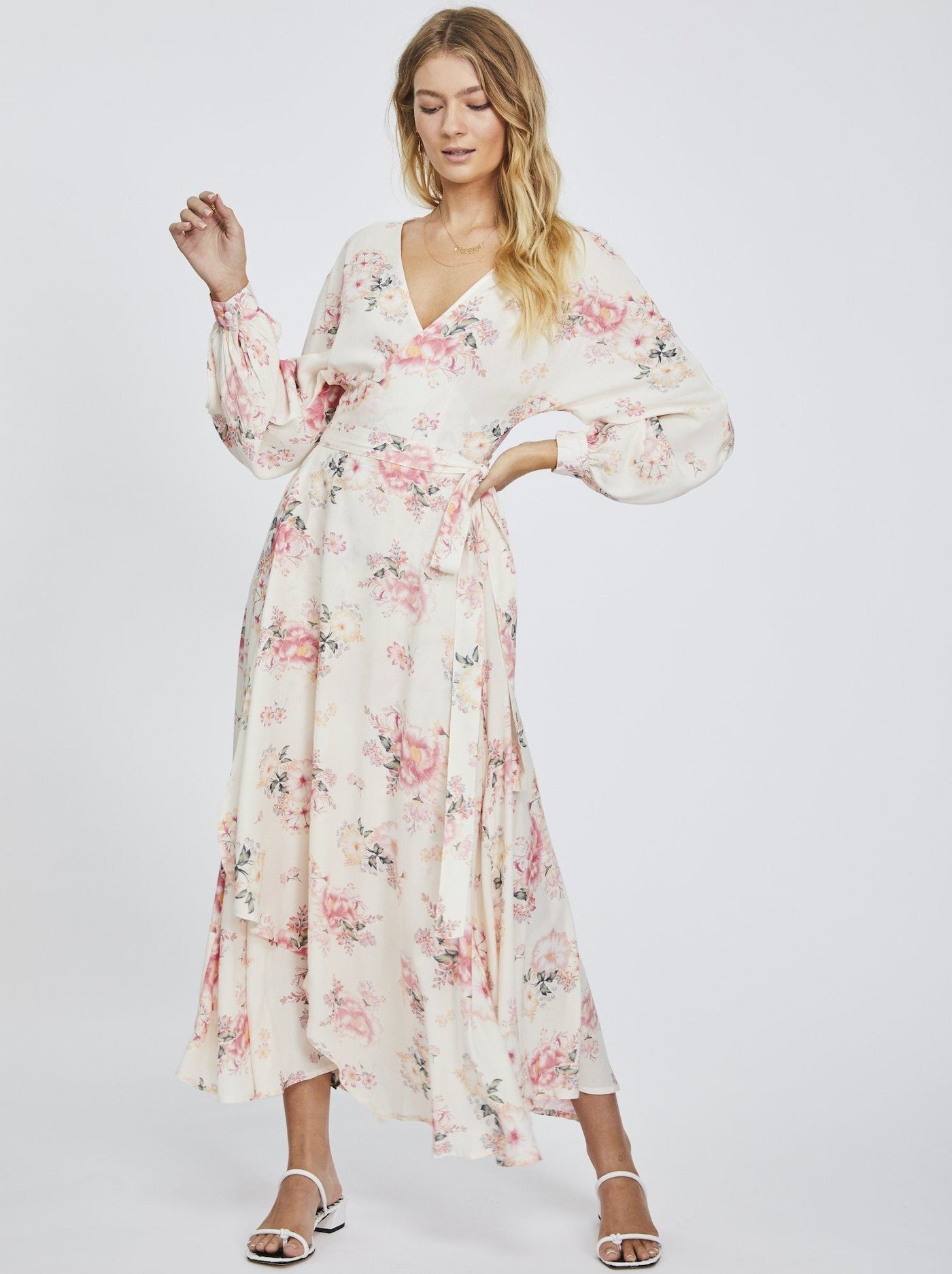Womens boho blush pink floral long sleeve wrap maxi dress studio front image
