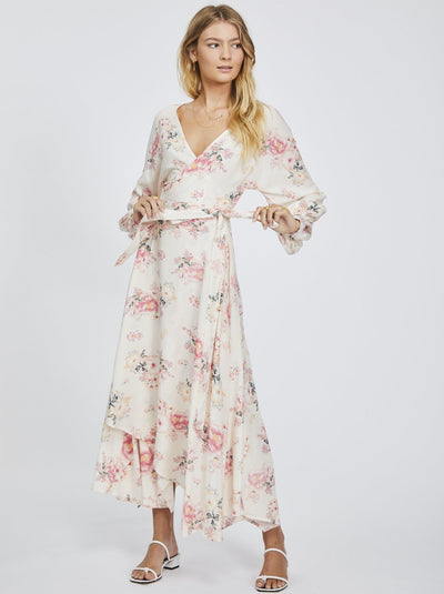 Womens boho blush pink floral long sleeve wrap maxi dress studio side image