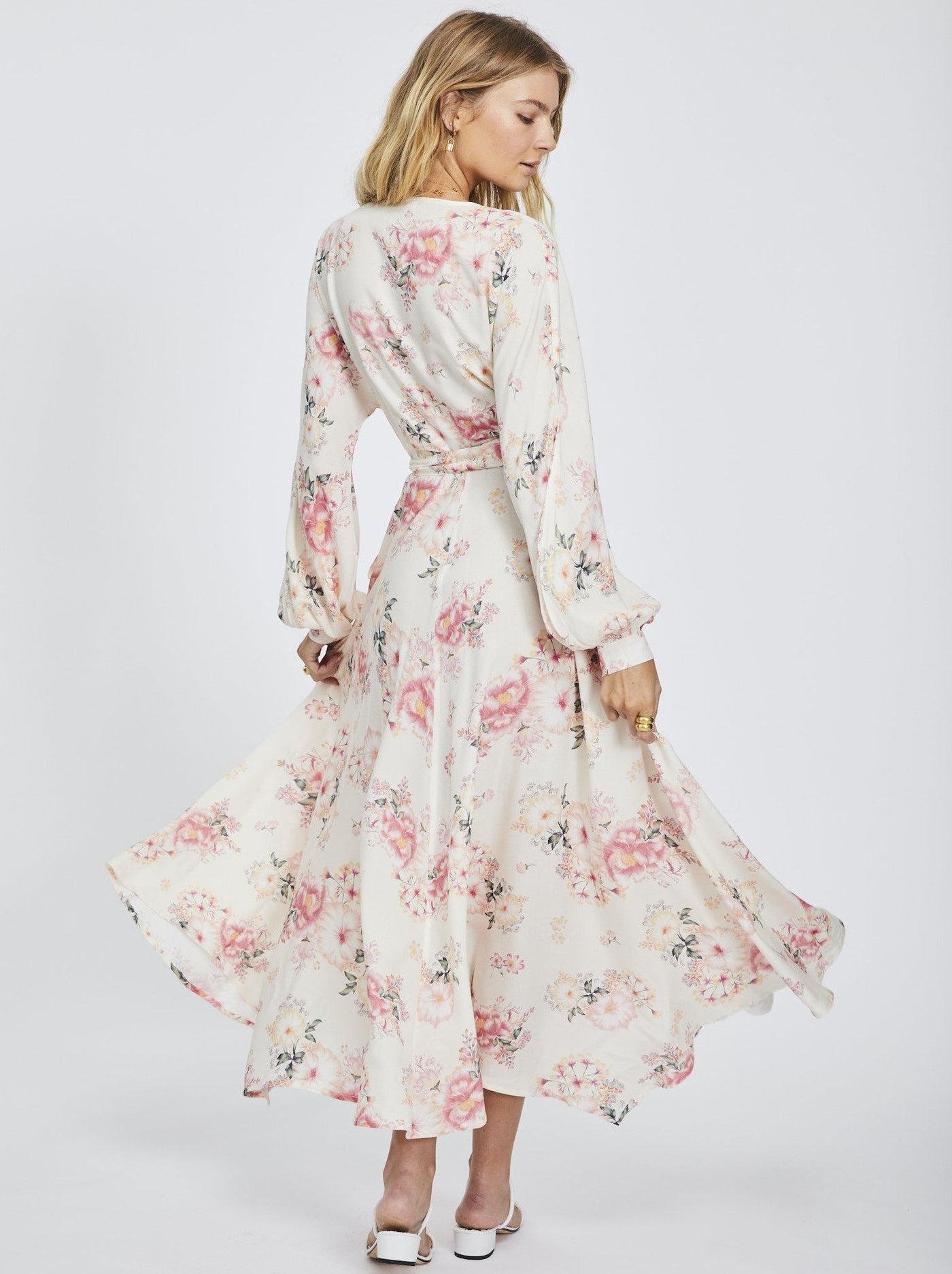Womens boho blush pink floral long sleeve wrap maxi dress studio back image
