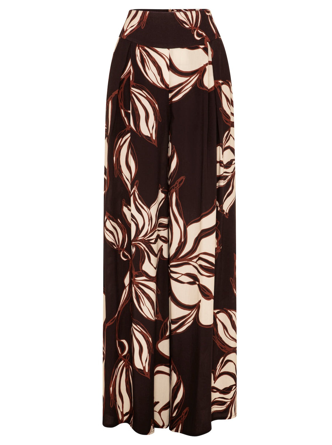 Womens boho floral wide leg palazzo pants in brown cream and red front image ghost mannequin
