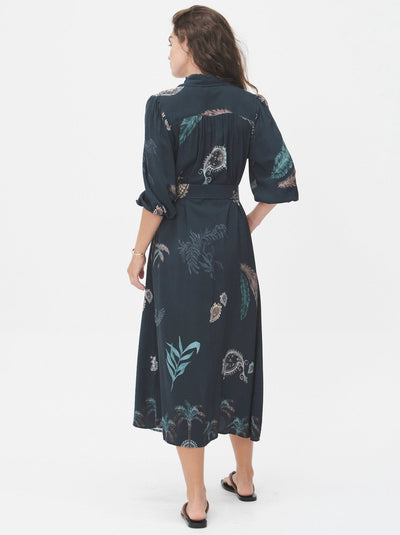 Womens boho long sleeve maxi shirt dress with belt teal palm tree print studio back view