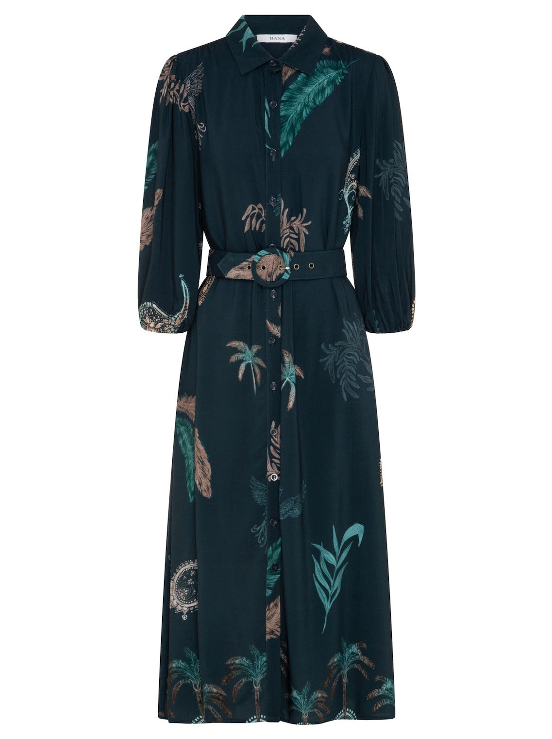 Womens boho long sleeve maxi shirt dress with belt teal palm tree print studio front view ghost mannequin