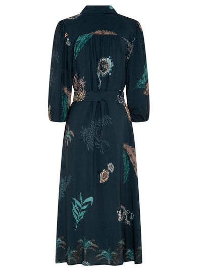 Womens boho long sleeve maxi shirt dress with belt teal palm tree print studio back view ghost mannequin