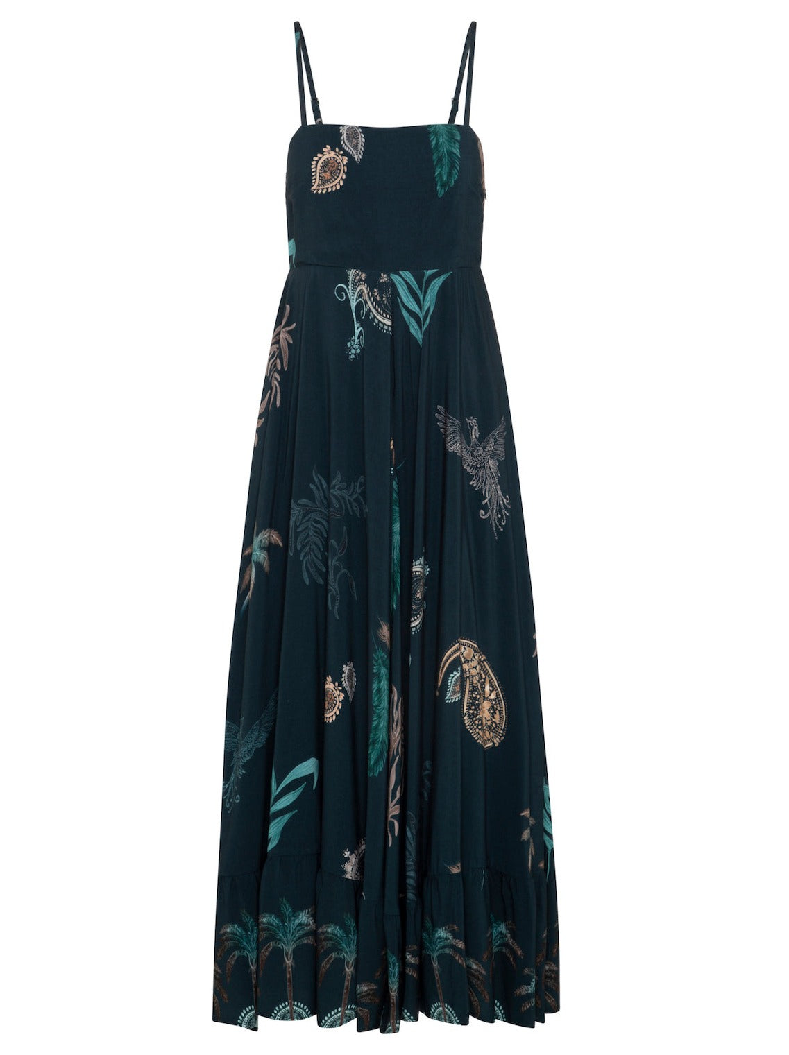 Womens boho strappy maxi dress teal palm tree print front view ghost mannequin