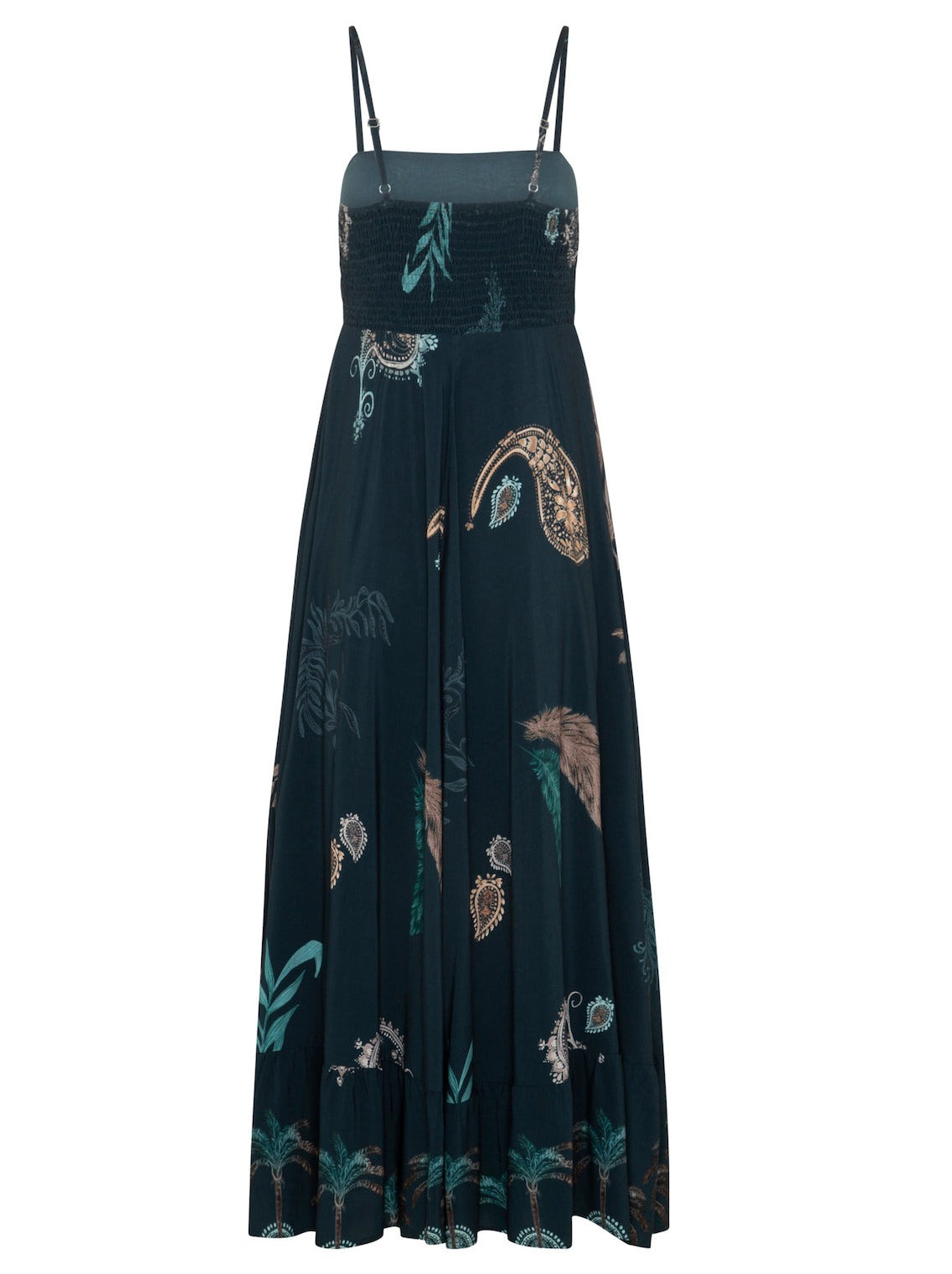 Womens boho strappy maxi dress teal palm tree print back view ghost mannequin