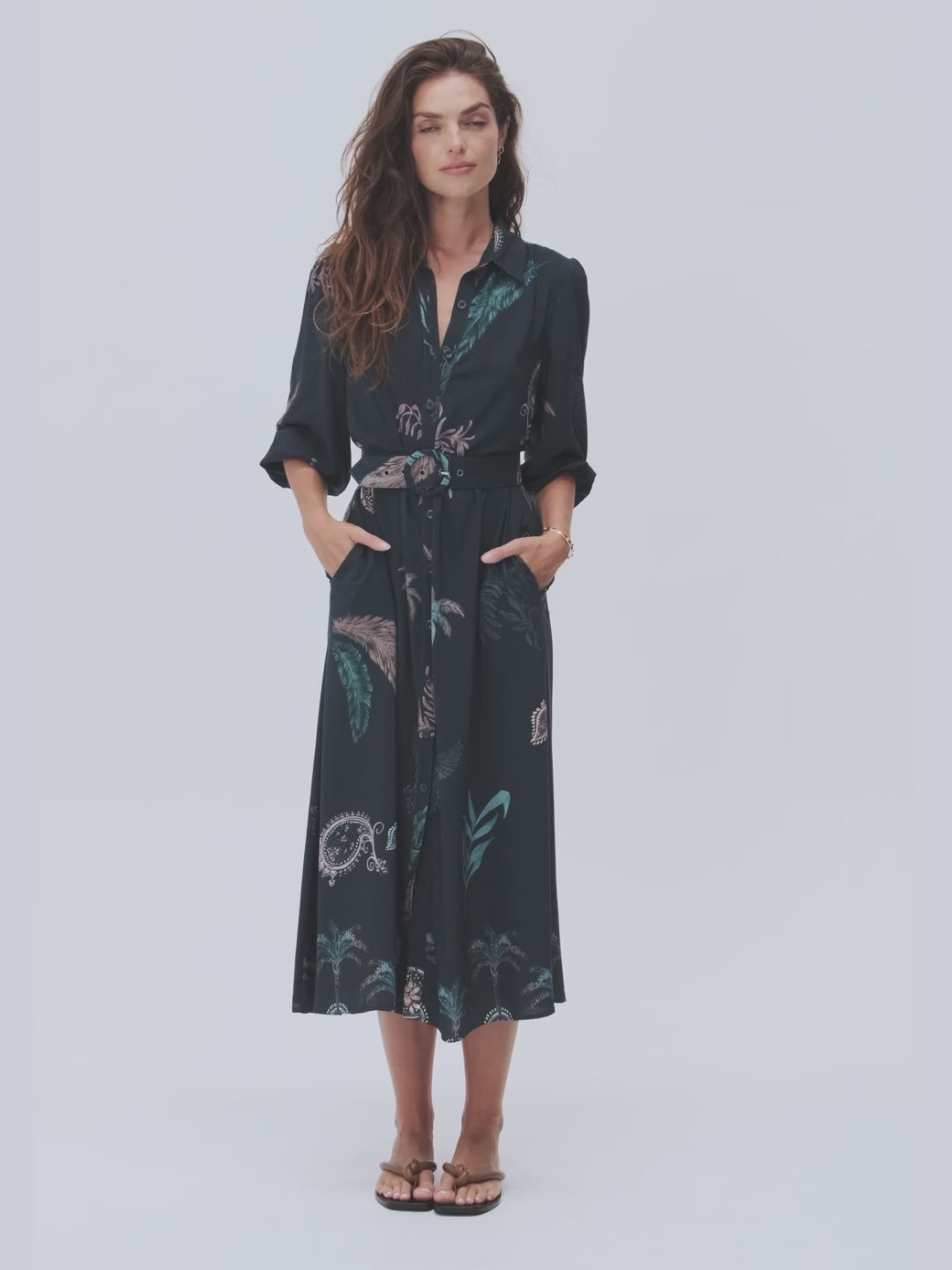 Womens boho long sleeve maxi shirt dress with belt teal palm tree print studio studio video