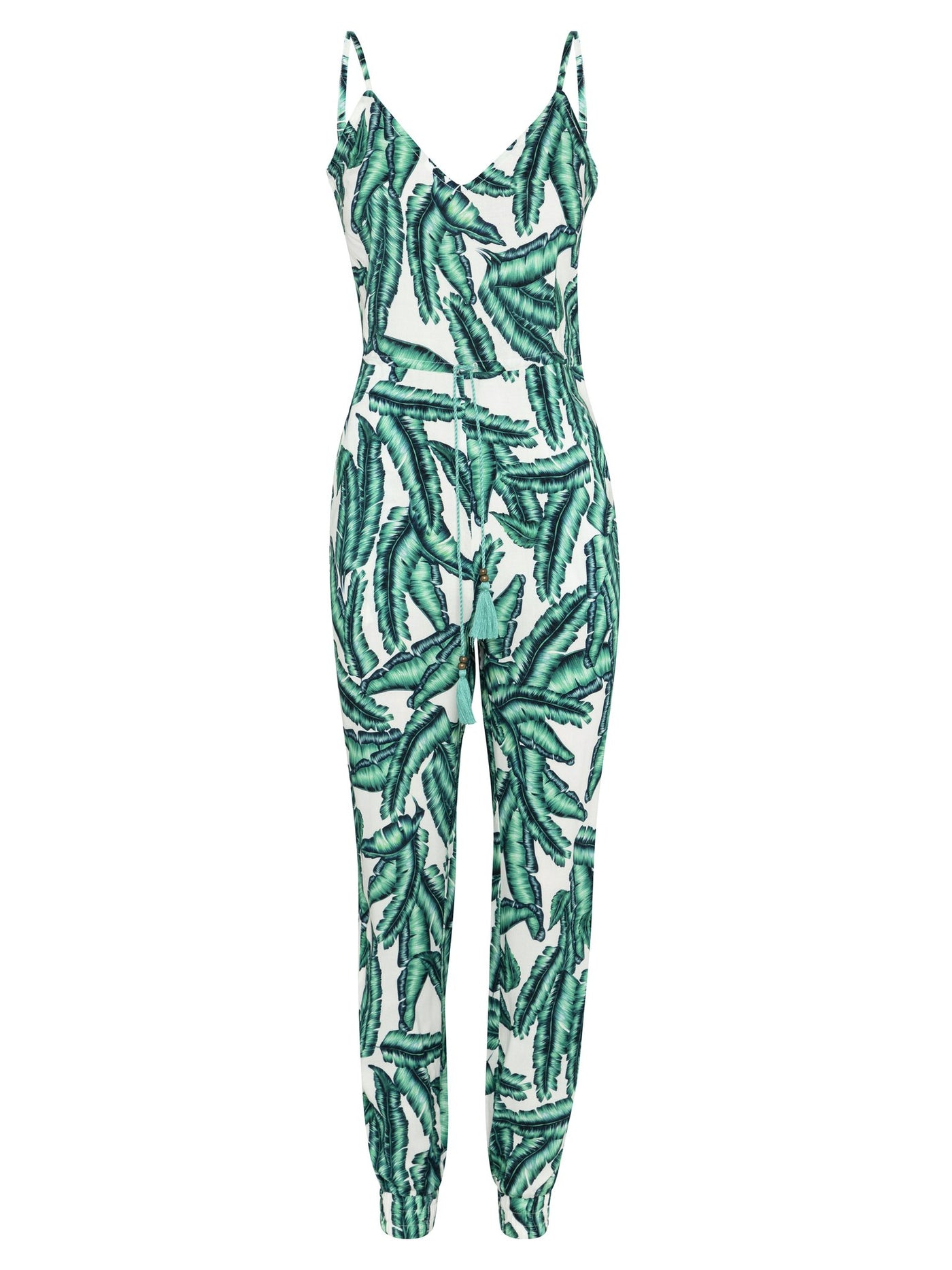 Womens boho botanical print jumpsuit green leaves white background ghost mannequin front image