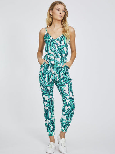 Botanical Print Casual Jumpsuit, Adjustable Straps, Side Pockets, Drawstring Tassel Tie Waist, Shirred Elastic Cuffs At Ankle, Hand Drawn Exclusive Print, 100% rayon, designed in Australia