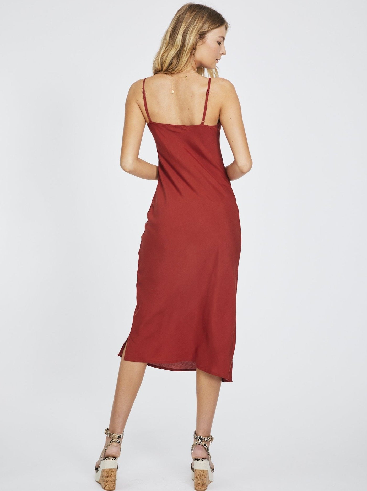 Brick Bias Cut slip dress, Midi Length, Adjustable Straps, Side Splits (5cm), 100% rayon, designed in Australia