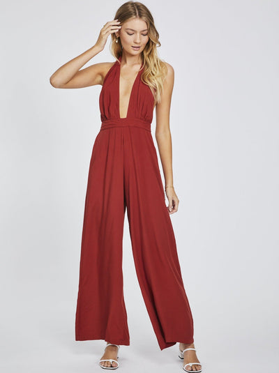 Brick Halter Neck Jumpsuit, Wide Leg Pant, Elastic Waist At Back For Added Comfort, Invisible Centre Back Zipper, Hook And Eye At Top Of Zipper, Deep Plunging Neckline Ties At Neck, 100% rayon, Designed in Australia