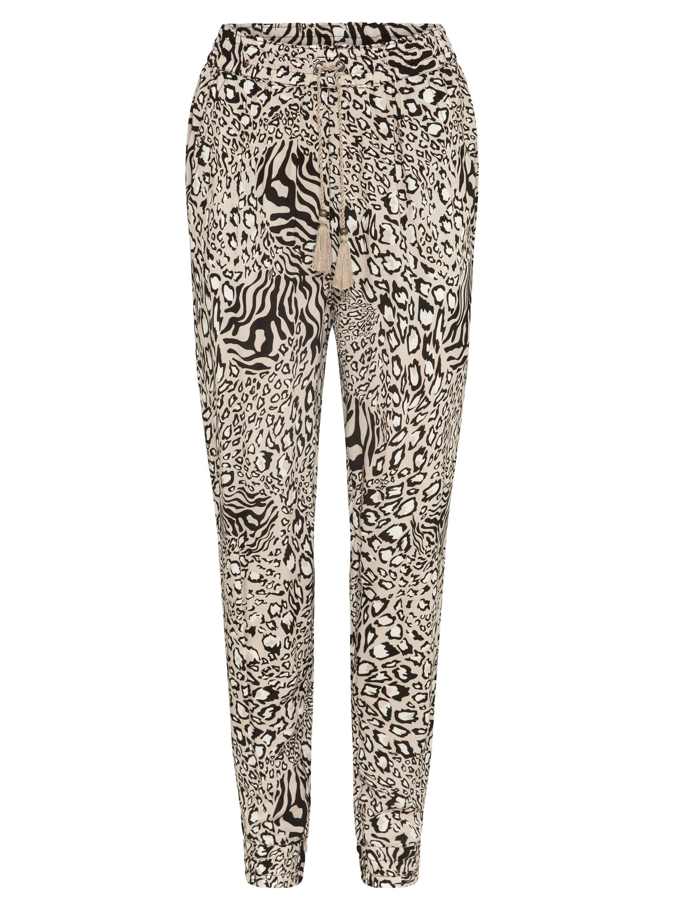 Womens boho animal print lounge pants in beige black white brown ghost mannequin front image