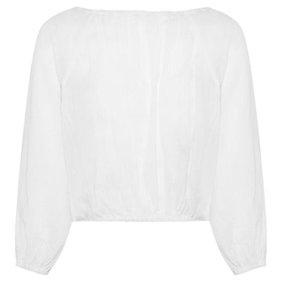 Womens boho white cotton puff sleeve drawstring blouse ghost mannequin image back