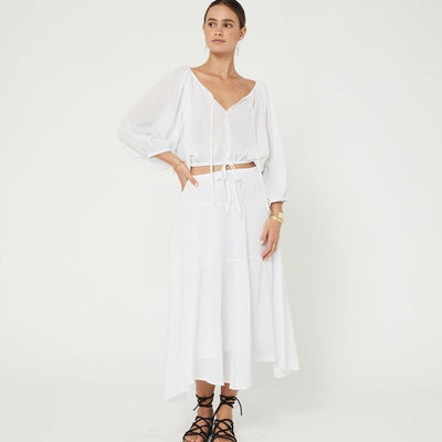 Womens boho white cotton puff sleeve drawstring blouse front studio image