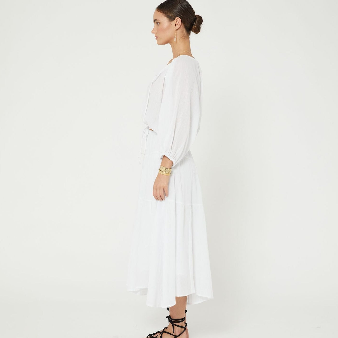 Womens boho white cotton puff sleeve drawstring blouse side studio image