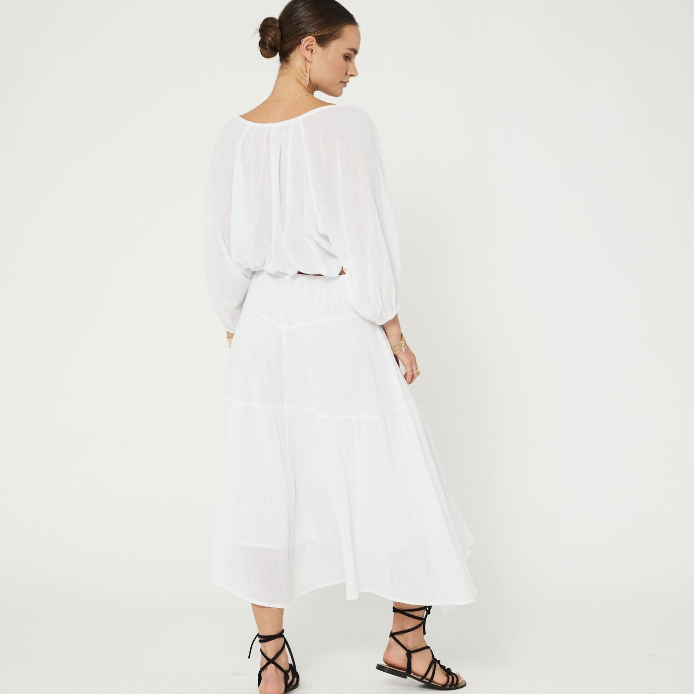 Womens boho white cotton puff sleeve drawstring blouse back studio  image