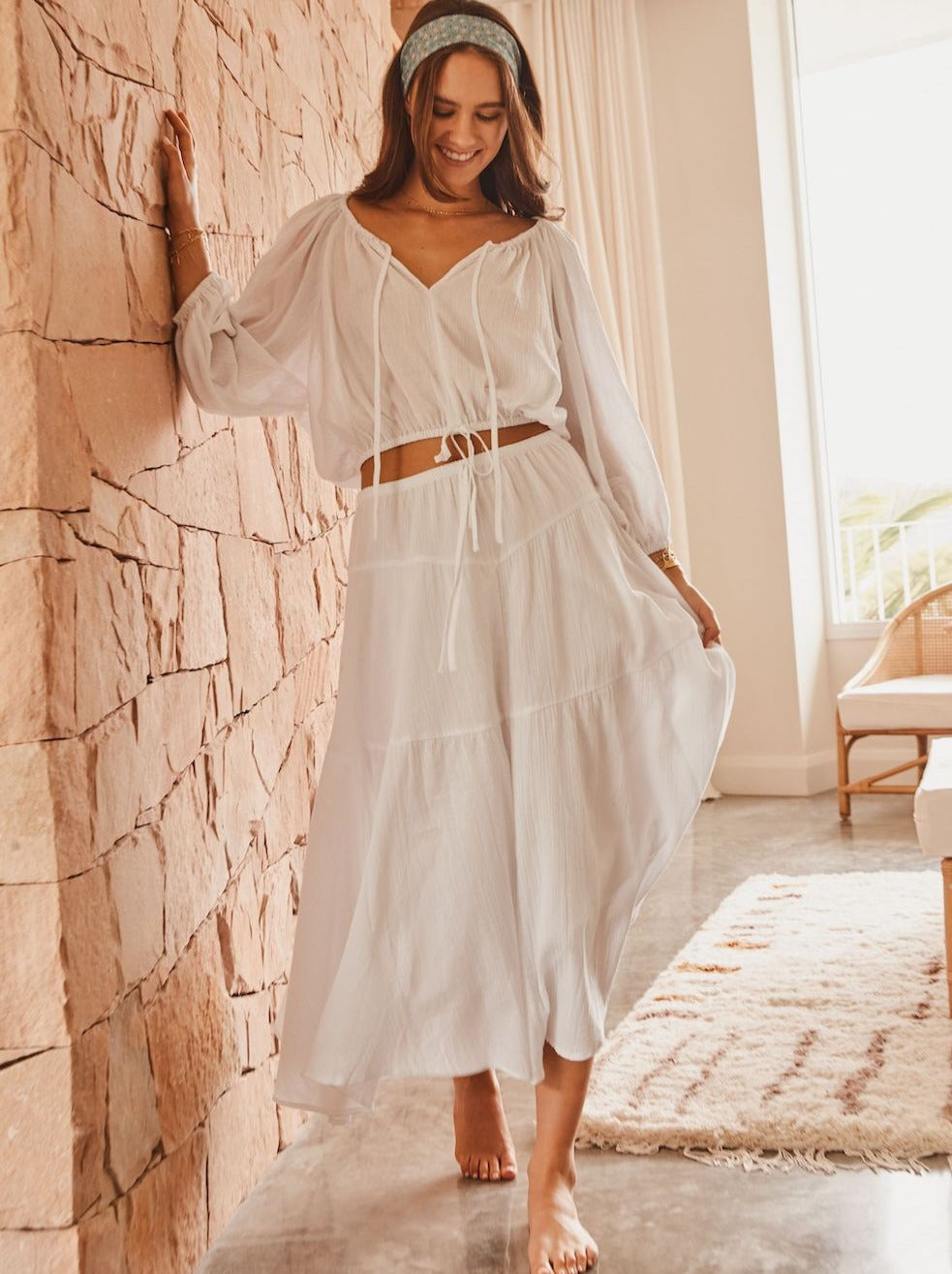 Womens boho white cotton maxi skirt front image