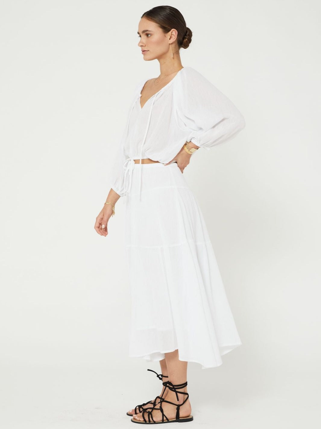 Womens boho white cotton maxi skirt side studio image