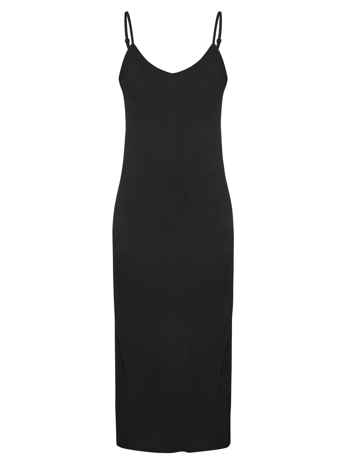 Black Bias Cut slip dress, Midi Length, Adjustable Straps, Side Splits (5cm), 100% rayon, designed in Australia