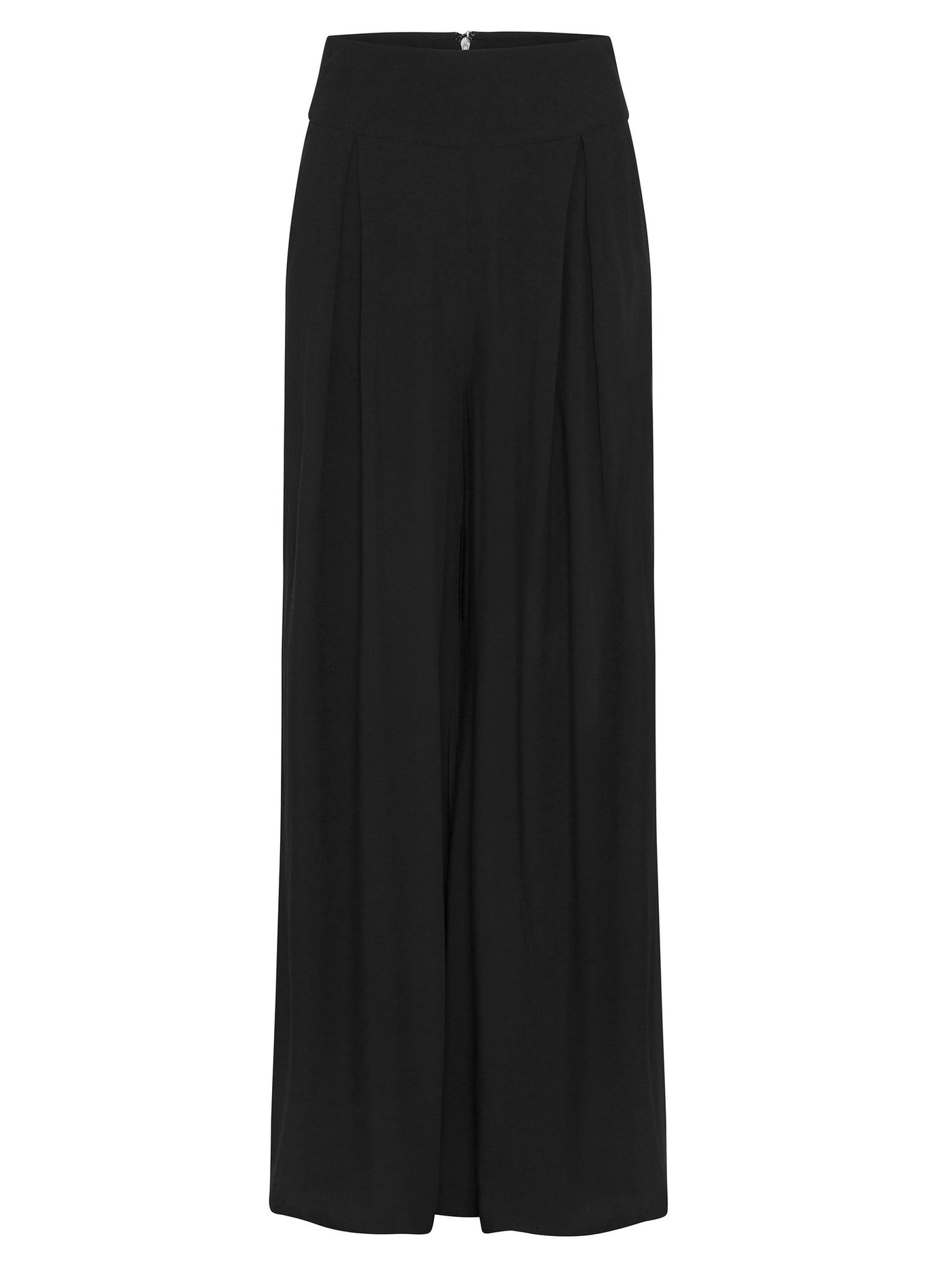 Black Palazzo Leg pants, Side Pockets, Wide Waist Panel, Inverted Pleats Under Waist Panel, Invisible Centre Back Zipper,  Hook And Eye At Top Of Zipper, 100% rayon, designed in Australia