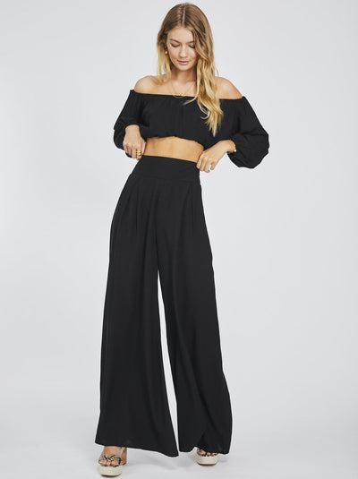 Black Palazzo Leg pants, Side Pockets, Wide Waist Panel, Inverted Pleats Under Waist Panel, Invisible Centre Back Zipper, Hook And Eye At Top Of Zipper, 100% rayon, designed in Australia