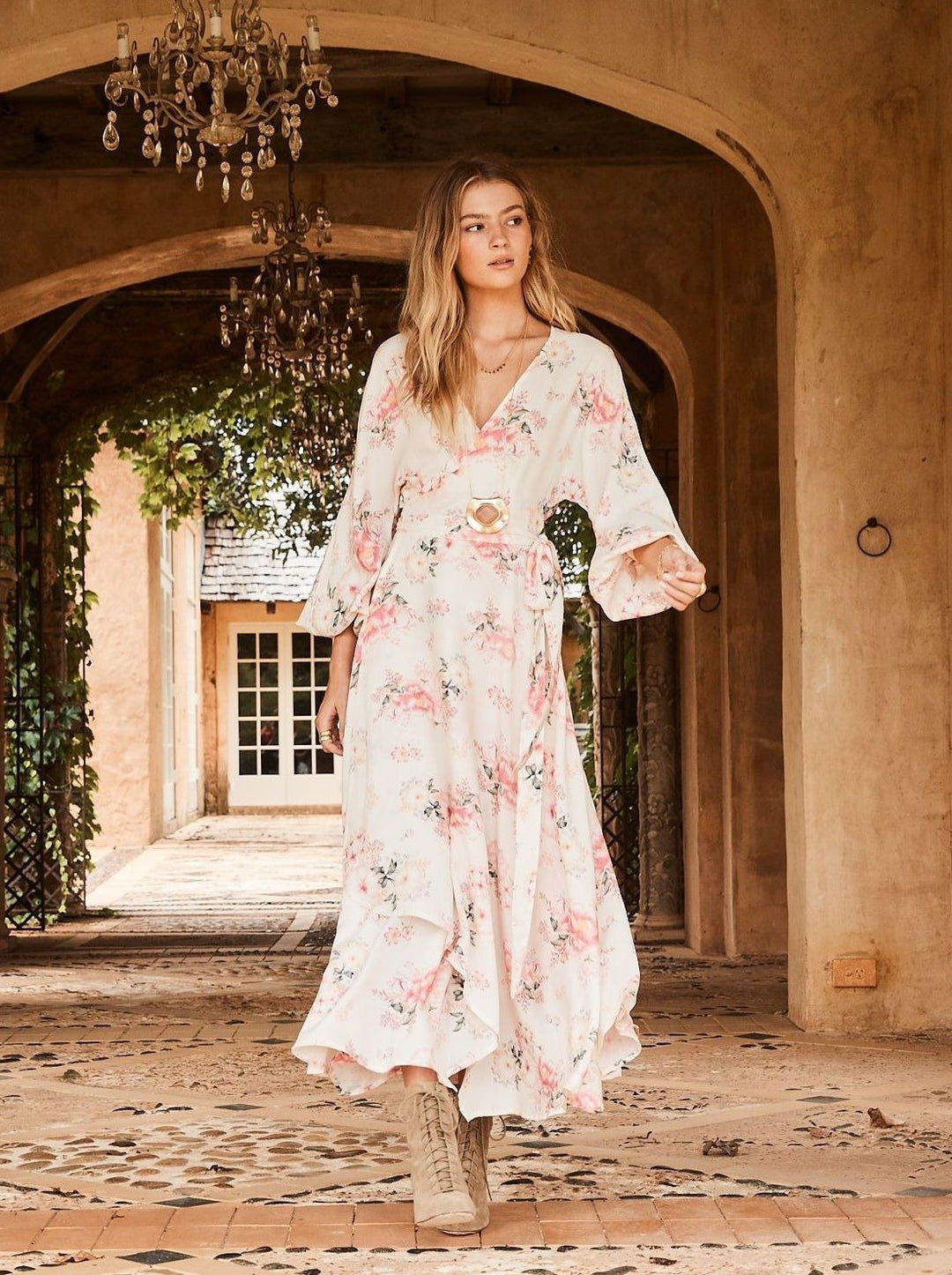 Blush Floral Wrap Maxi Dress