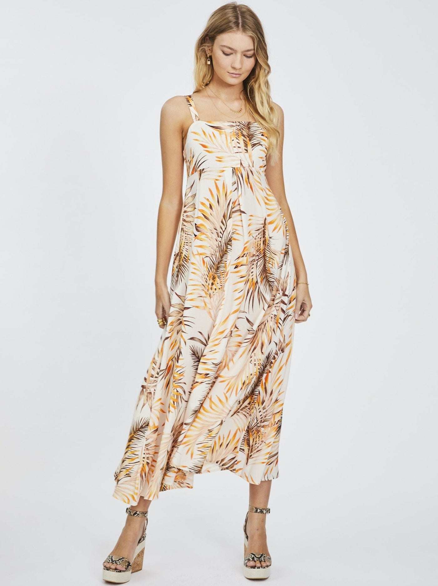 Golden Leaves Print Wide Strap Maxi Dress, Adjustable Straps, Shirred Elastic Panel At Back, Inverted Pleat Under Bodice, Ankle Length, Hand Drawn Exclusive Print, 100% rayon, Designed in Australia