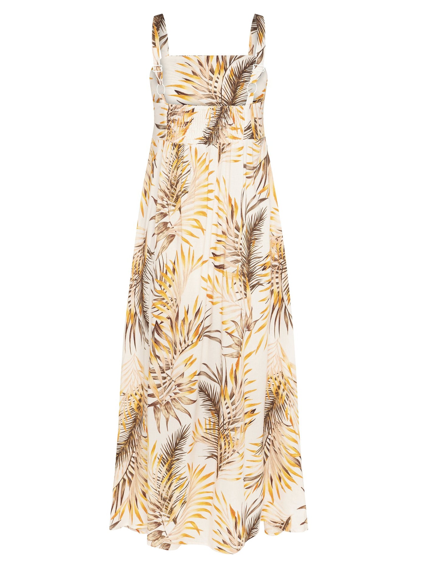 Golden Leaves Print Wide Strap Maxi Dress, Adjustable Straps, Shirred Elastic Panel At Back, Inverted Pleat Under Bodice, Ankle Length, Hand Drawn Exclusive Print, 100% rayon, Designed in Australia