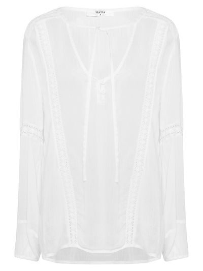 White Long Sleeve Peasant Shirt, Unlined semi-sheer fabric, Scoop V Neck, Lace Inserts on sleeves and down front of top, Elastic Cuff Sleeves, Neck Ties, Rouleau Loops and Buttons, Bishop Sleeves, 100% crinkle rayon, Designed in Australia
